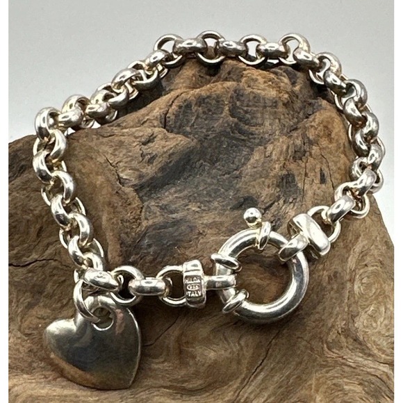 Milor Jewelry - Chunky Milor Italy S925 Rolo Chain Heart Charm Bracelet Love Cherish